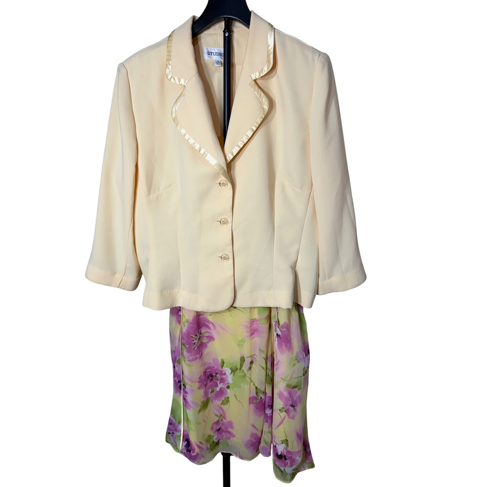 Studio I Yellow Floral Skirt Suit Set Blazer & Midi Skirt Size 16 Pastel Spring